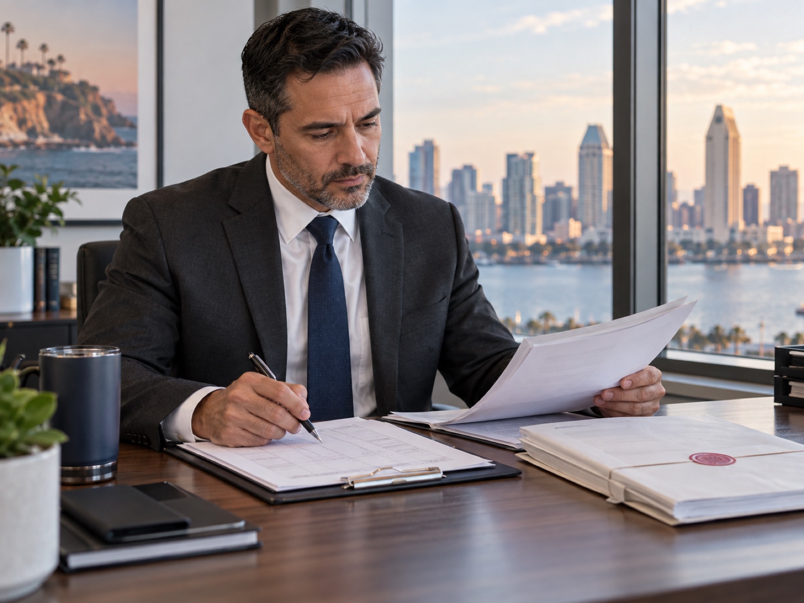 Representative legal professional reviewing assignment records and documents