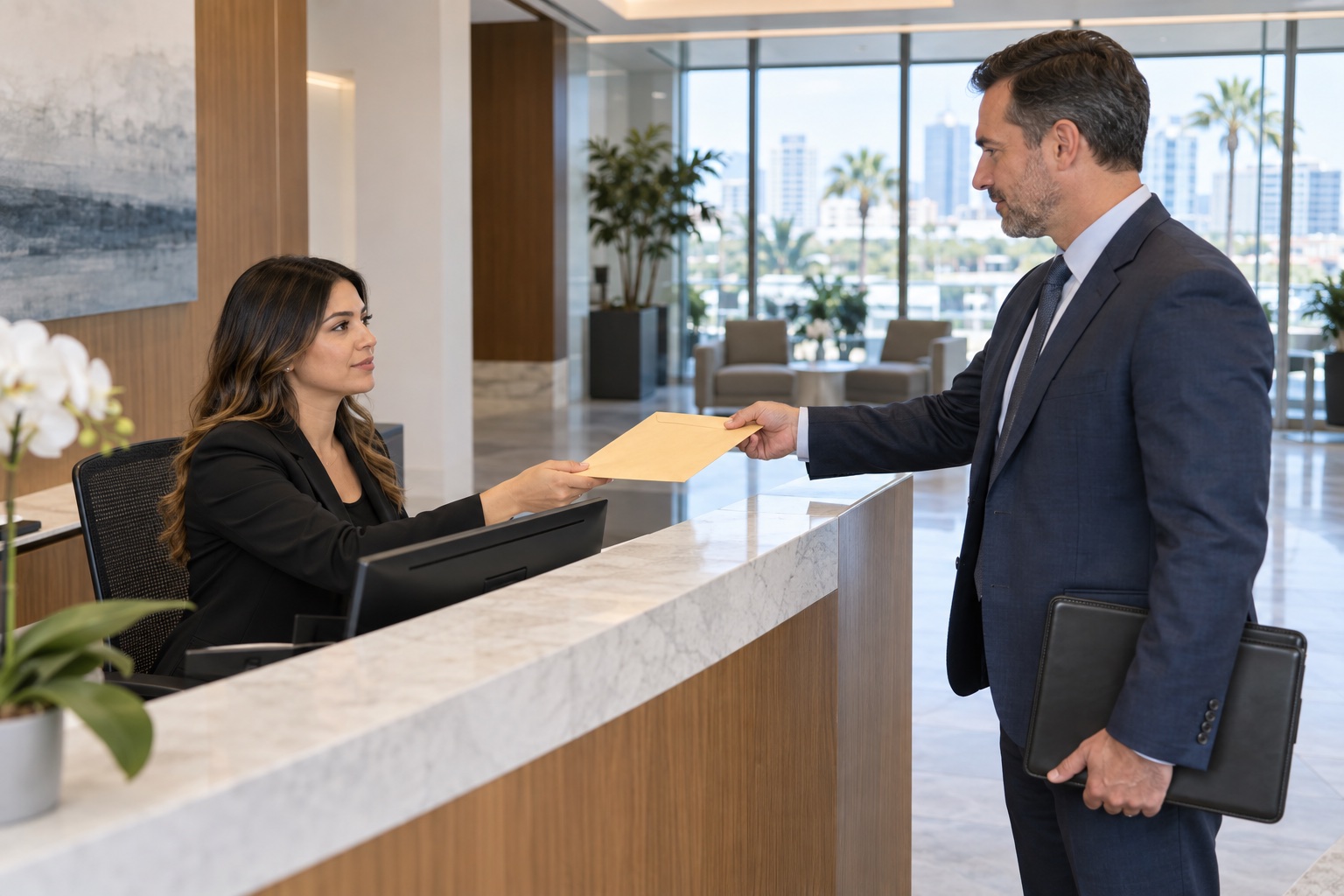 Representative service documents handed across an office counter