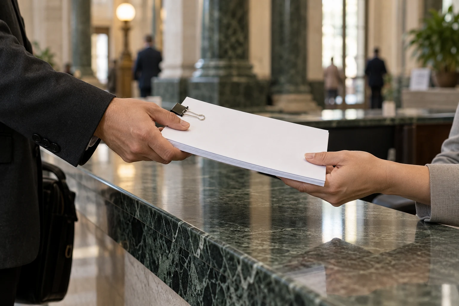 Representative legal courier handing a document packet across a courthouse counter
