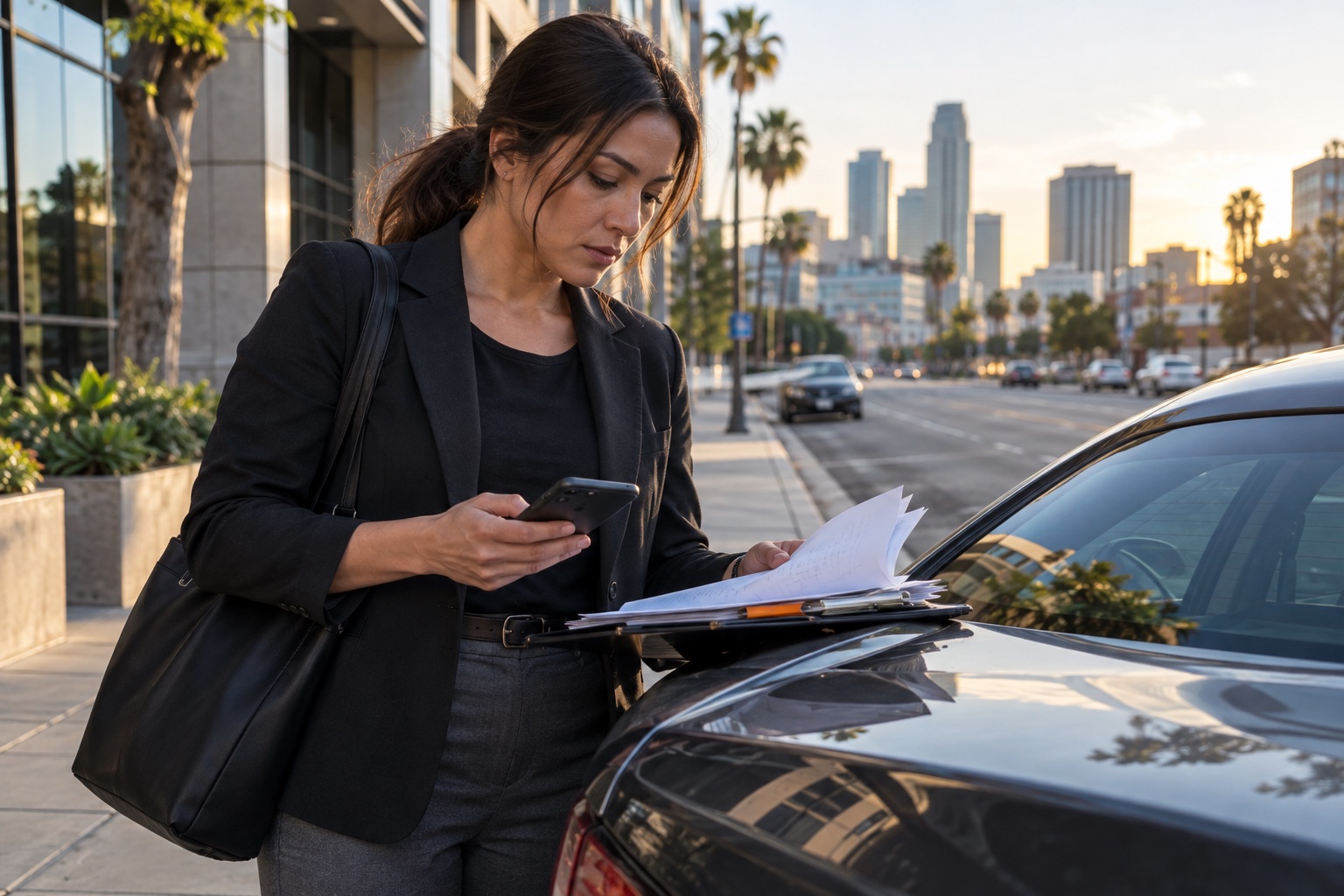 Representative legal-support professional reviewing papers beside a vehicle before field work