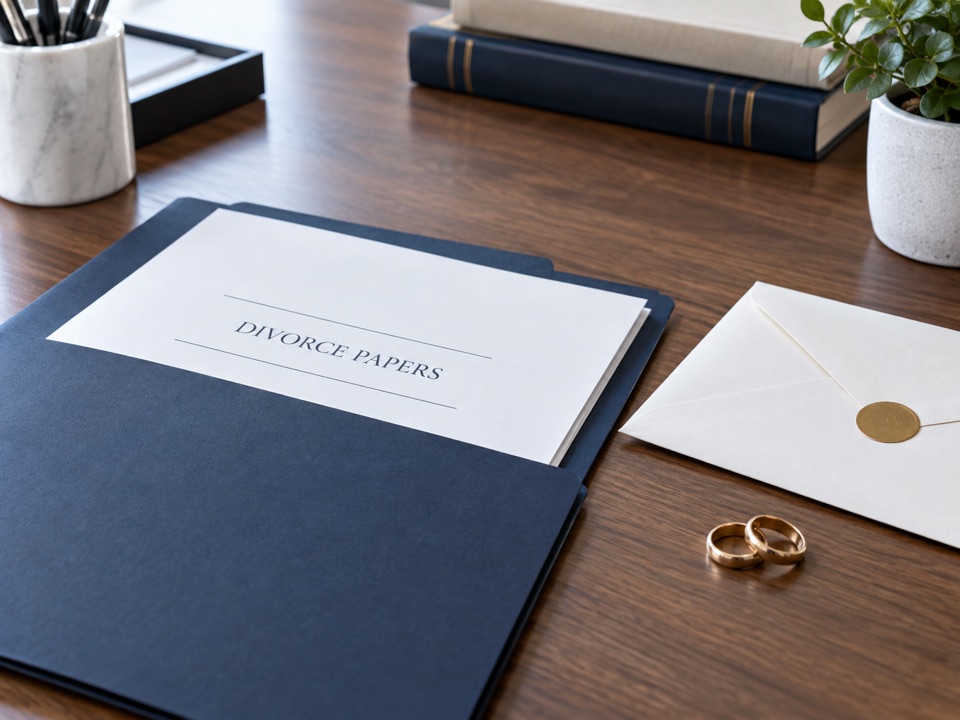 Prepared divorce papers and sealed document envelope