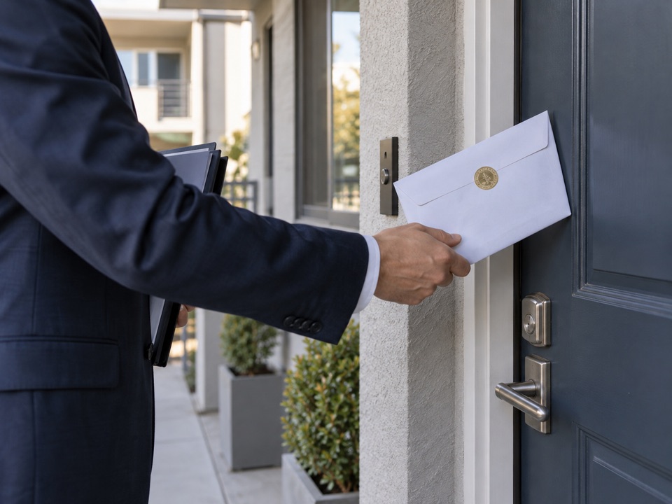 Professional delivery of an eviction document envelope at a residence